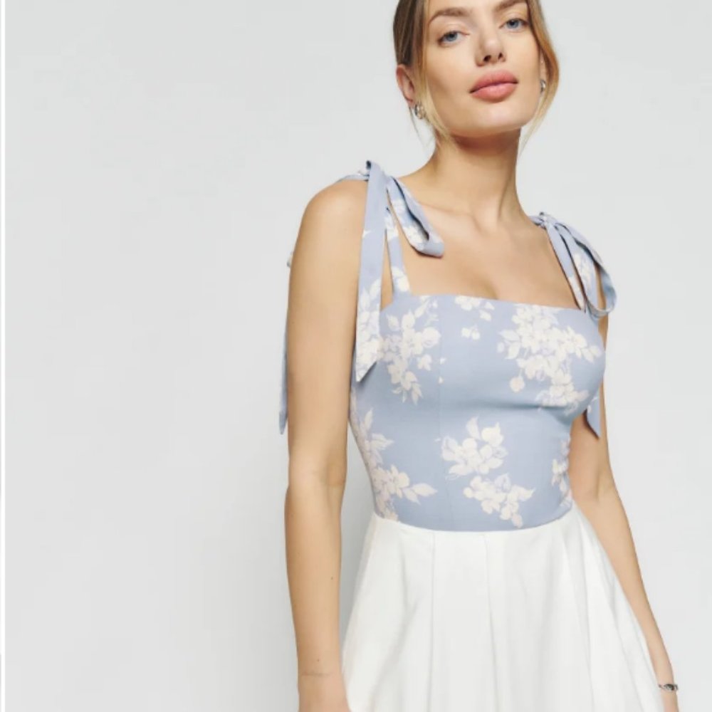 Reformation Light Blue Floral Tie-Shoulder Tank